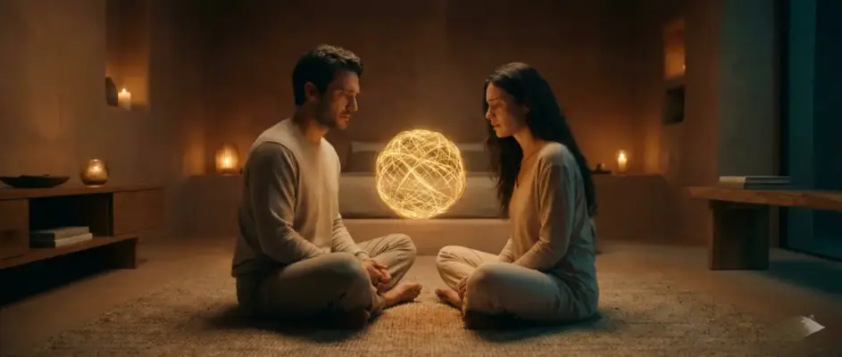 A couple sitting face-to-face with a warm, glowing light connecting them, representing the 'Third Entity' concept in conscious relationships.