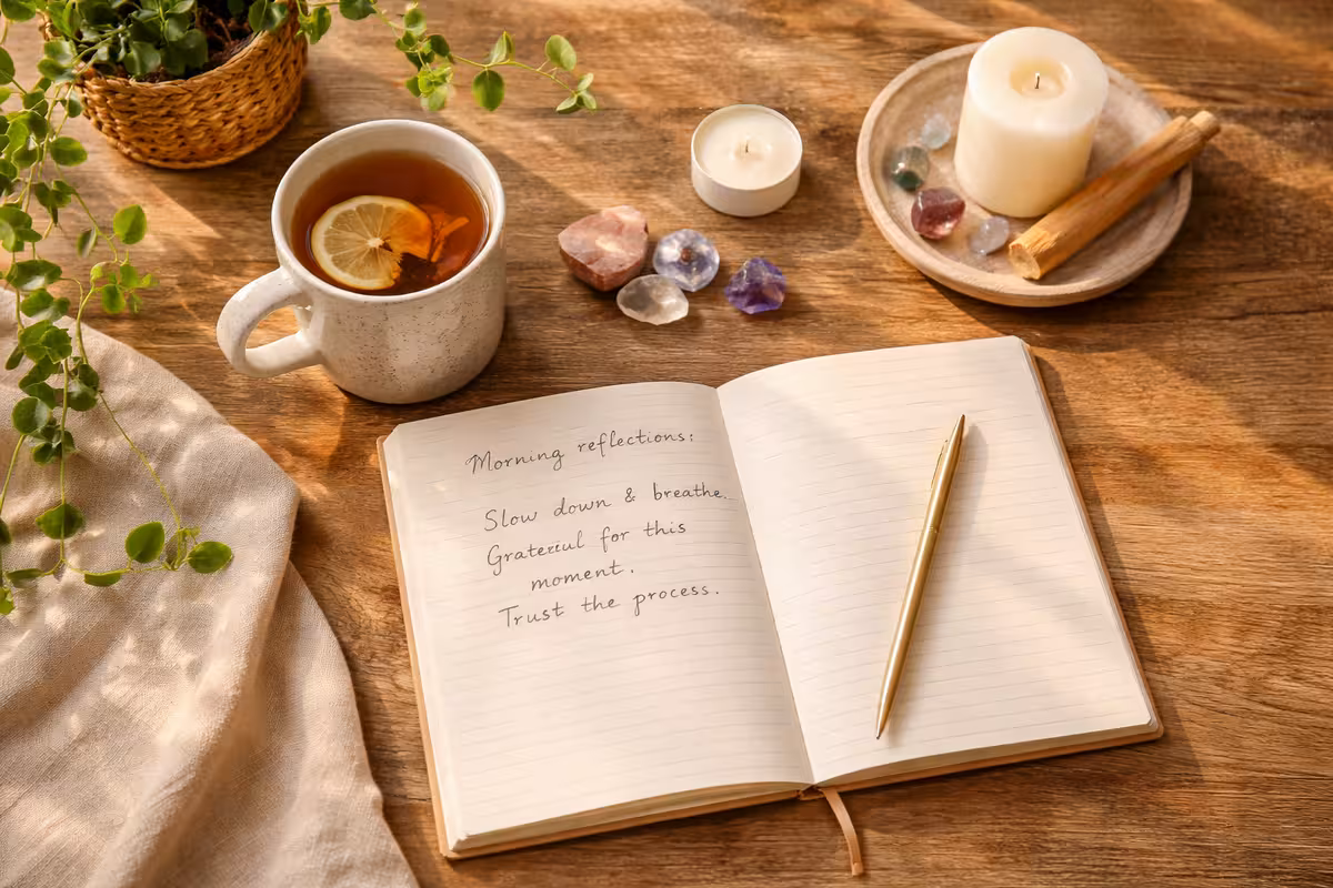 Morning integration ritual with journal, tea, and mindfulness tools on wooden surface