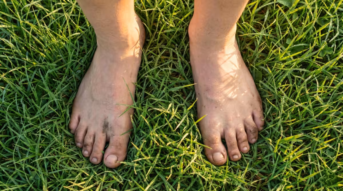 Bare feet grounding on natural grass demonstrating earthing practice for nervous system integration
