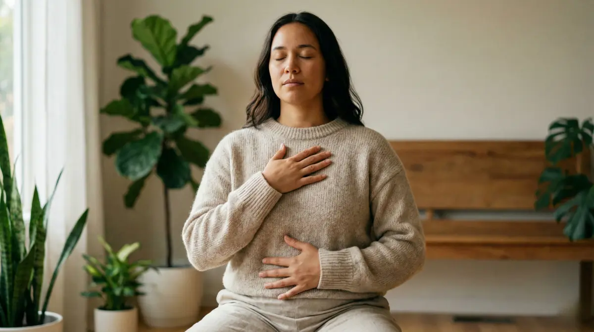 Person practicing embodiment techniques with hands on heart and stomach representing nervous system regulation and boundary work
