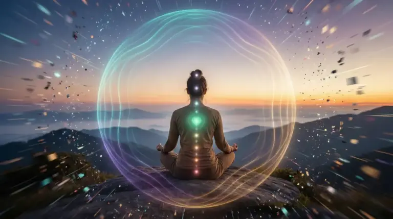 Person meditating with glowing chakra energy field and protective boundaries showing nervous system regulation and healing from stress to calm