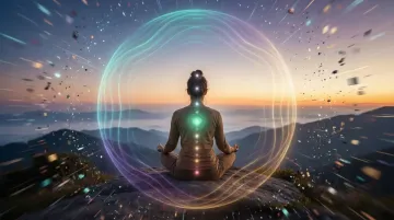 Person meditating with glowing chakra energy field and protective boundaries showing nervous system regulation and healing from stress to calm