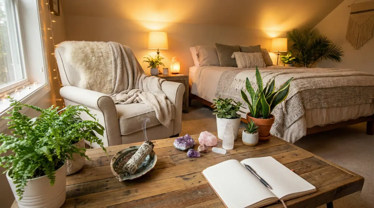 Peaceful healing space with crystals, sage, and journal representing daily Energy Healing Techniques After Narcissistic Abuse