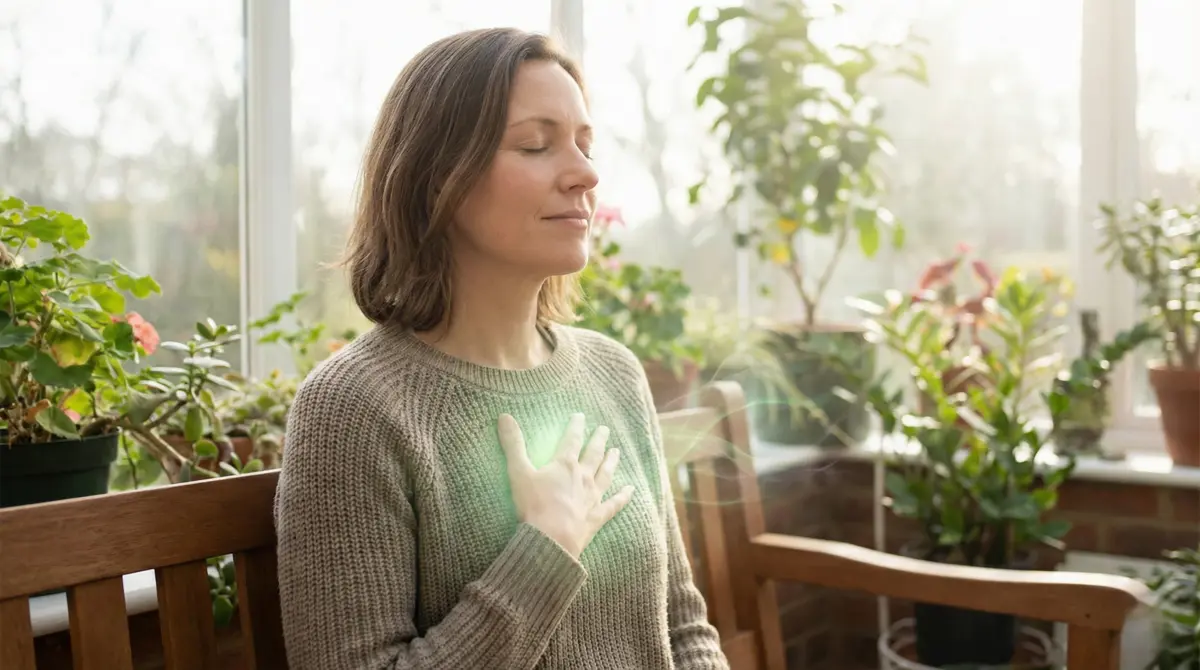 Woman with hand on heart practicing heart chakra healing meditation for emotional recovery from narcissistic abuse