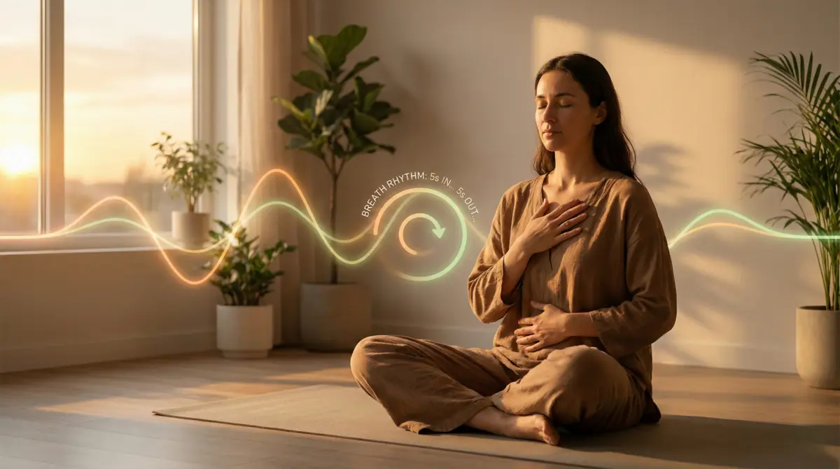 Person practicing heart rate variability breathwork with hands on chest and abdomen