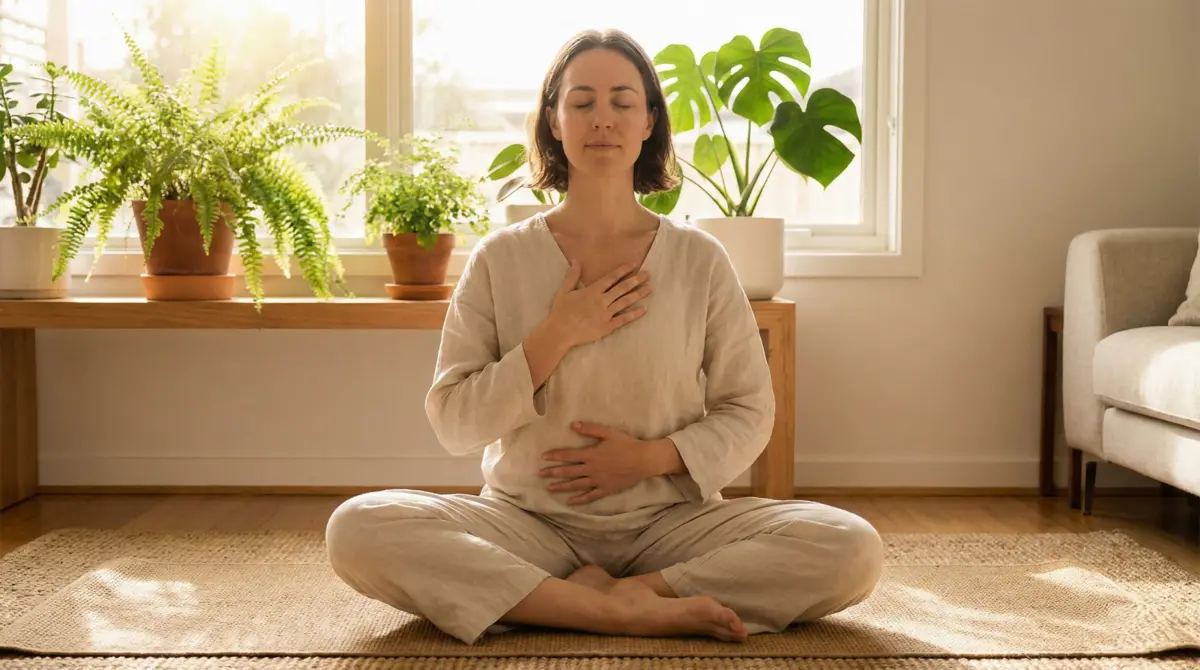 Person practicing breathwork and grounding techniques for trauma recovery and nervous system regulation