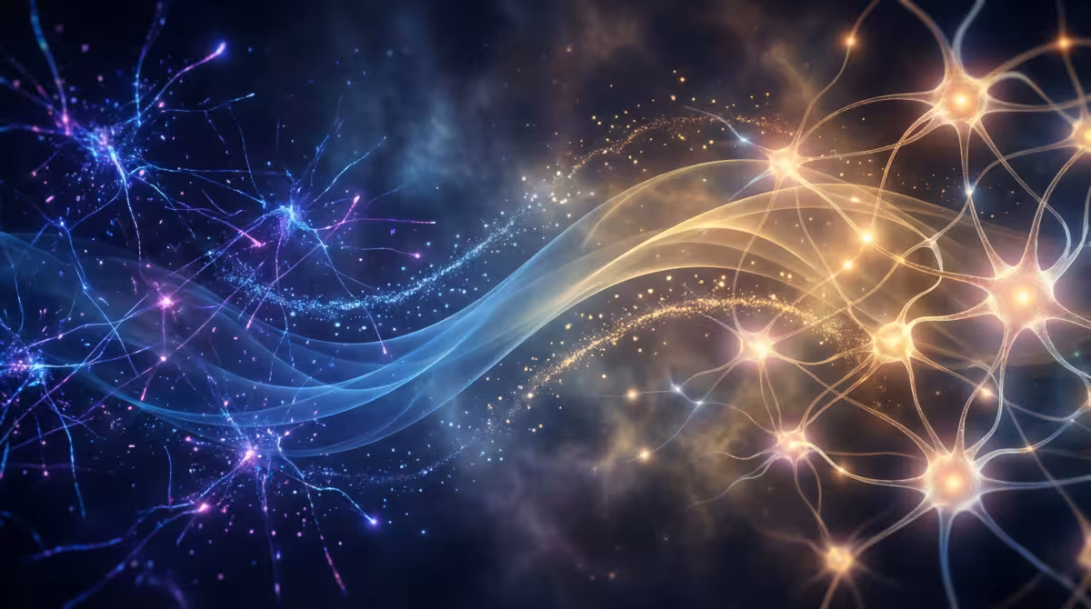 Neural pathways transforming from scattered patterns into integrated networks showing healing progression