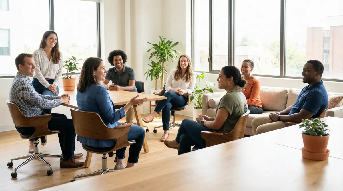 Workplace team meeting demonstrating psychological safety and trauma-informed leadership principles