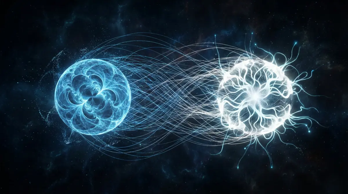 Abstract quantum entanglement visualization representing biofield connections in quantum field healing