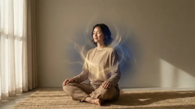 Person meditating with quantum field healing energy visualization, somatic awareness practice
