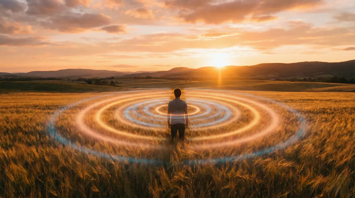 Person in nature surrounded by quantum healing energy field representing consciousness and biofield awareness