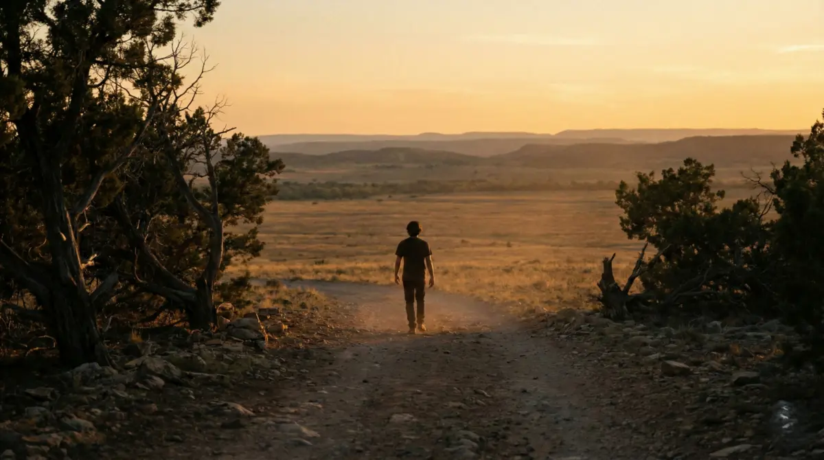 Person walking away toward open peaceful landscape representing no contact boundary after narcissistic abuse