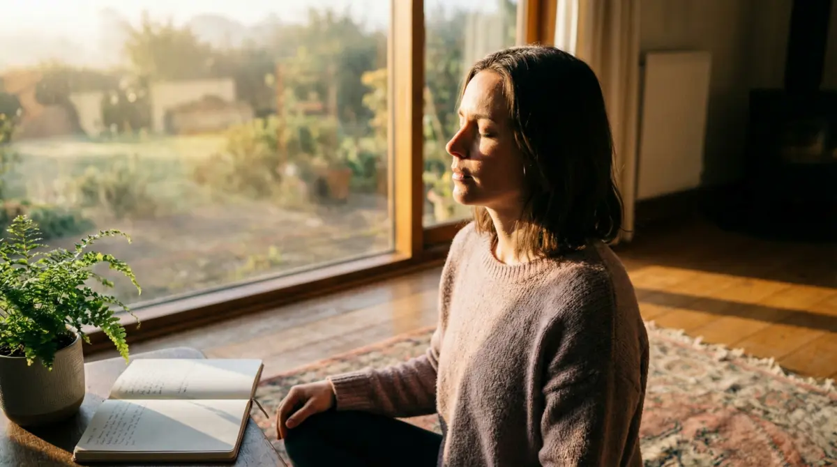 Woman practicing rhythmic health through morning breathwork and cycle-based daily routines for stress relief and self-mastery