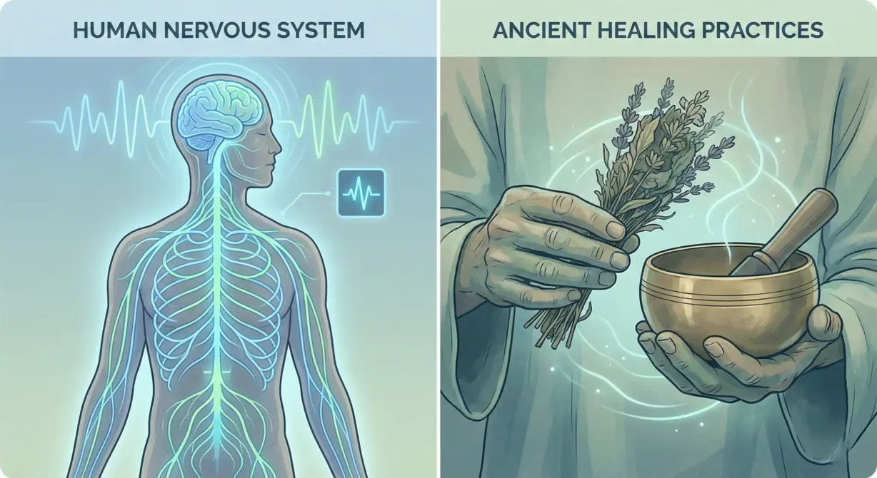 Illustration of the mind-body connection in rhythmic health — nervous system rhythm meeting ancient traditional healing practices