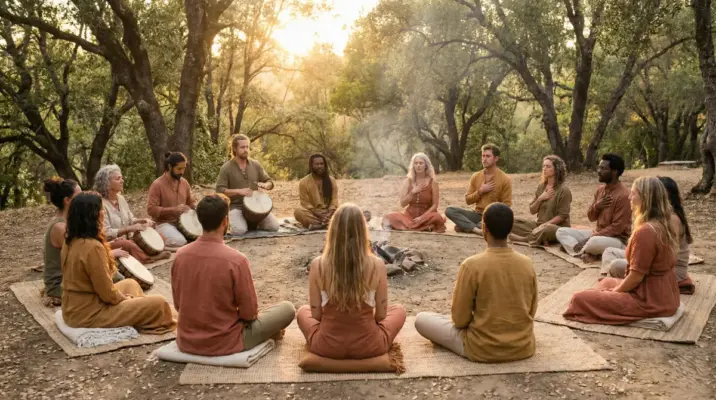 A diverse group practicing rhythmic health through ancestral drumming and breathwork in a healing circle outdoors