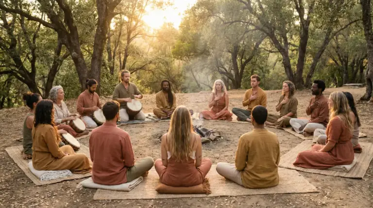 A diverse group practicing rhythmic health through ancestral drumming and breathwork in a healing circle outdoors