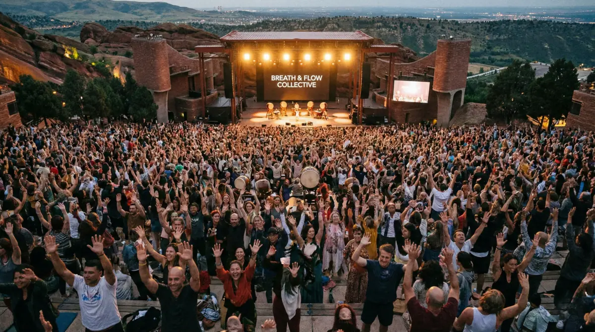 Large mainstream wellness event showcasing traditional healing systems through collective rhythmic breathwork and group movement practices