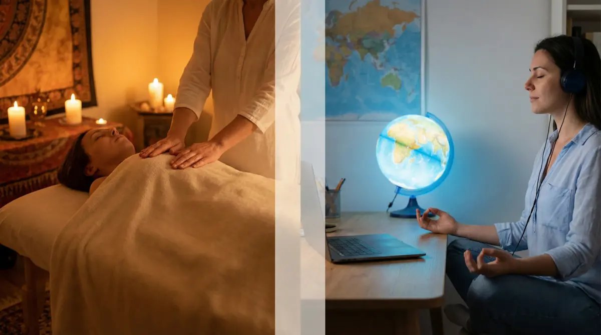 Traditional Reiki hands-on session compared to quantum Reiki distance healing