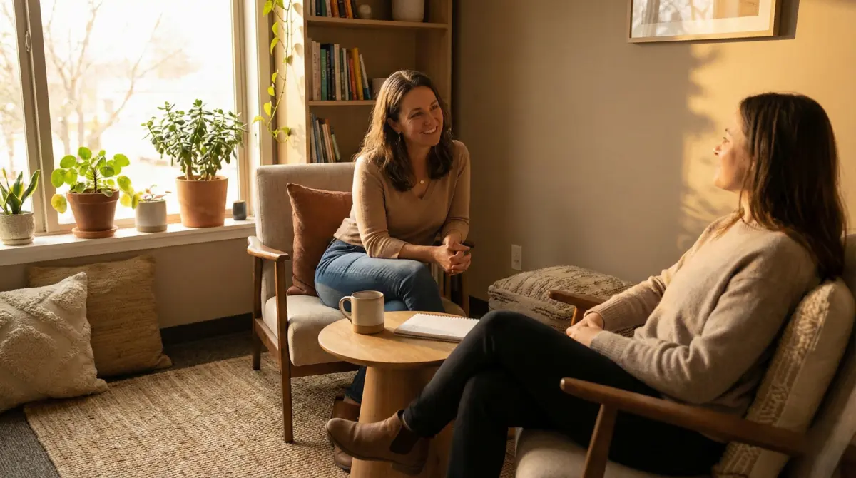 Trauma-informed coaching session showing coach and client in safe, comfortable environment with natural lighting