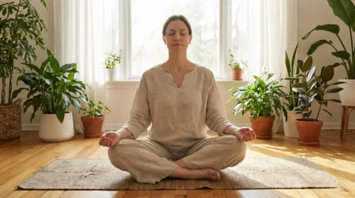 Woman meditating cross-legged on yoga mat in peaceful sunlit room demonstrating Energy Healing Techniques After Narcissistic Abuse