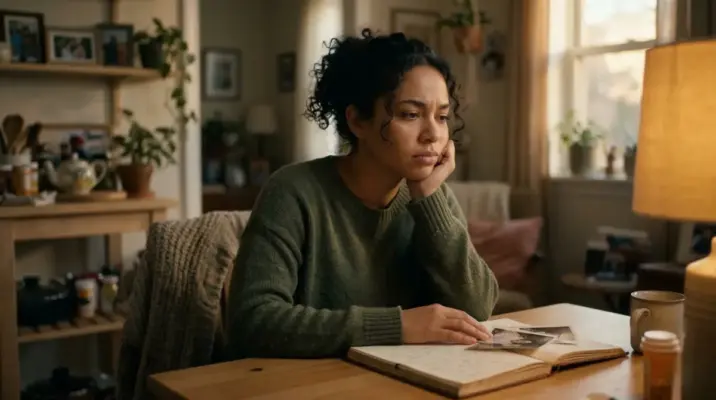 A person sitting quietly at a table, reflecting on family health and financial history in a warmly lit home setting and learning about ancestrl wealth epigenetics.