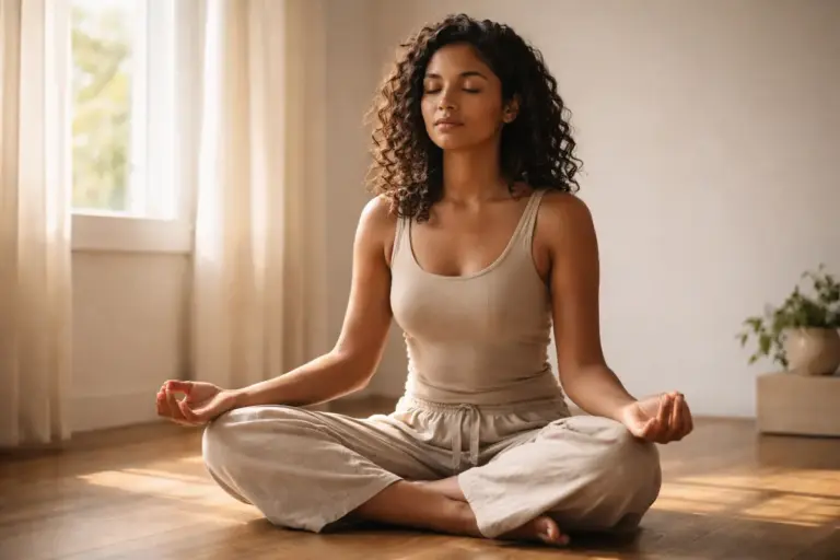 Person sitting cross-legged on a wooden floor with eyes closed, practicing a body scan to identify blocked chakras