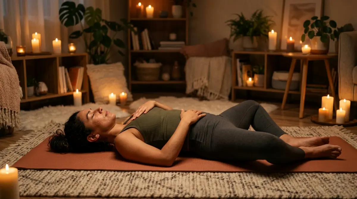 Woman lying on a yoga mat with hands on her stomach, eyes closed, surrounded by lit candles in a cozy room