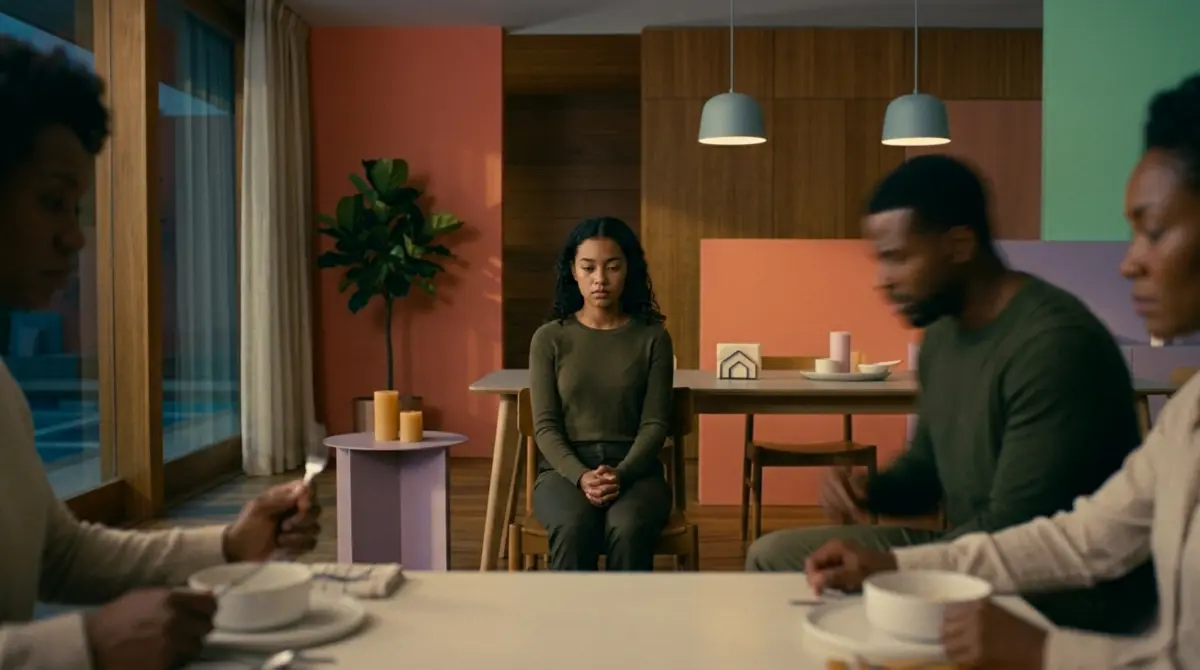 Young child sitting quietly at a family dinner table while adults around her show signs of conflict, illustrating how fawning begins in childhood