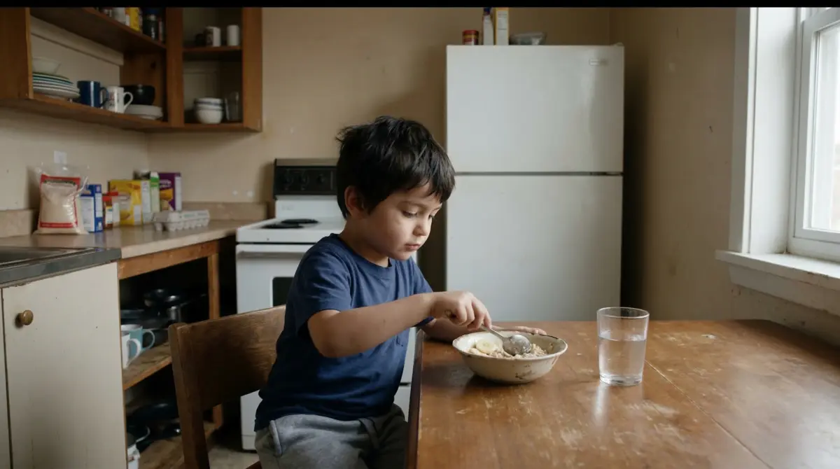 A young child eating a simple meal in a modest kitchen, representing early-life economic stress and its potential epigenetic impact