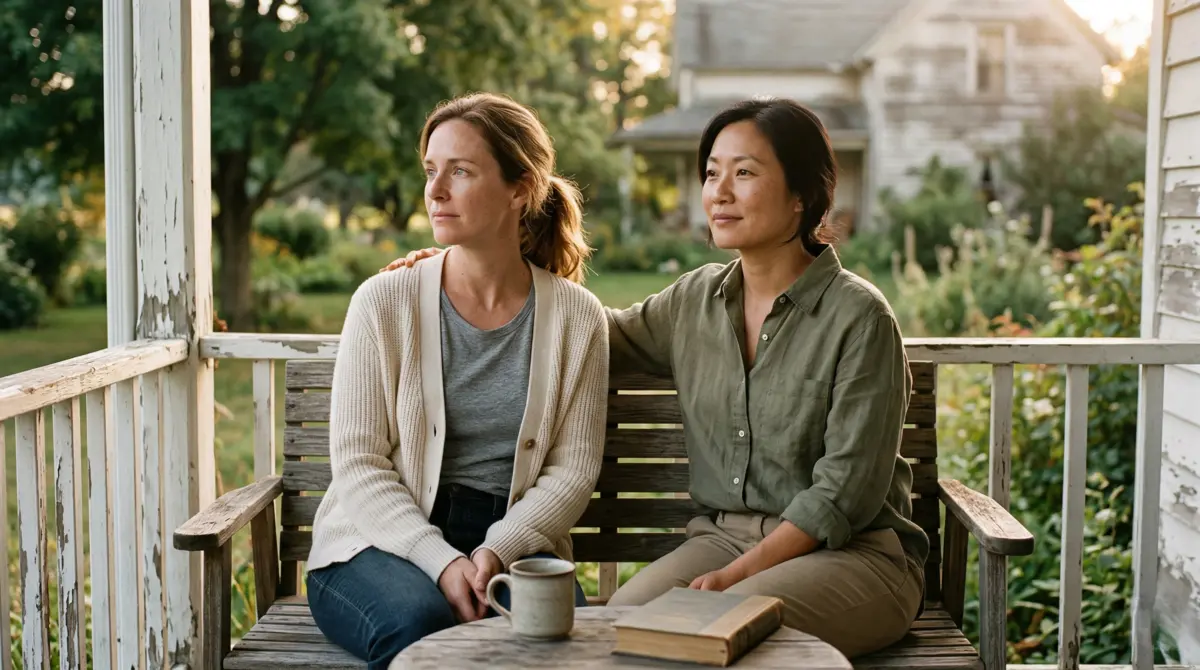 Two women sit on a rustic porch bench, one with an arm around the other, both looking into the distance. A mug and book ar...