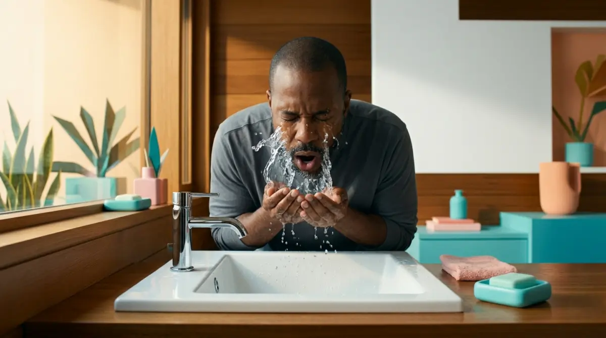 Person splashing cold water on face at bathroom sink to activate the mammalian dive reflex and vagus nerve