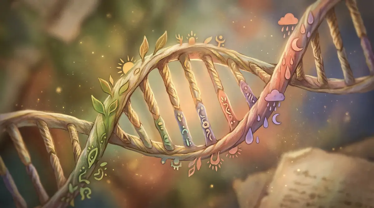 Abstract visualization of DNA with soft color gradients representing epigenetic methylation marks linked to environmental stress