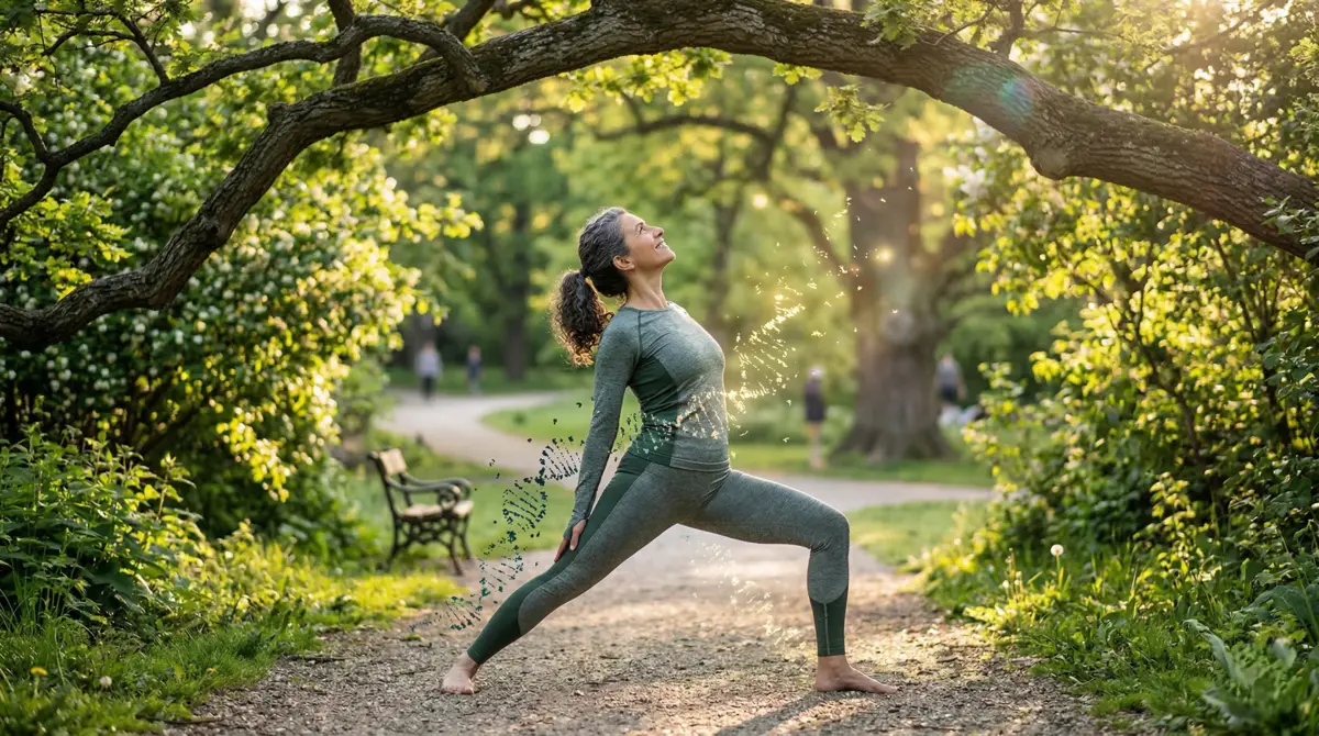 A person exercising outdoors in a green setting, symbolizing lifestyle practices that support positive epigenetic changes. Learn about Ancestral Wealth Epigenetics.