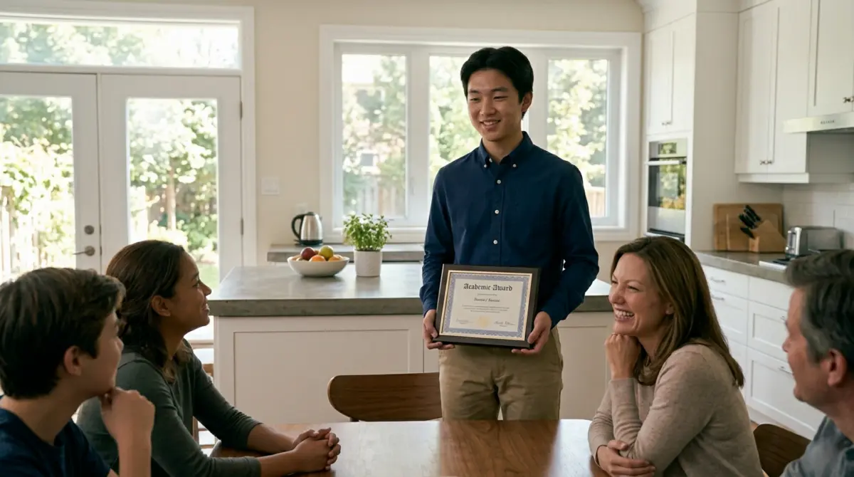 Young man holding an "Academic Award" certificate, smiling at family gathered around a kitchen table