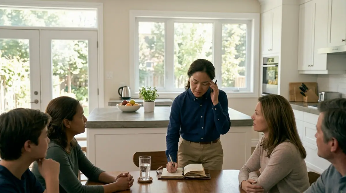 Woman writing in a notebook while standing at a table with three people seated, listening healing from narcissistic family system