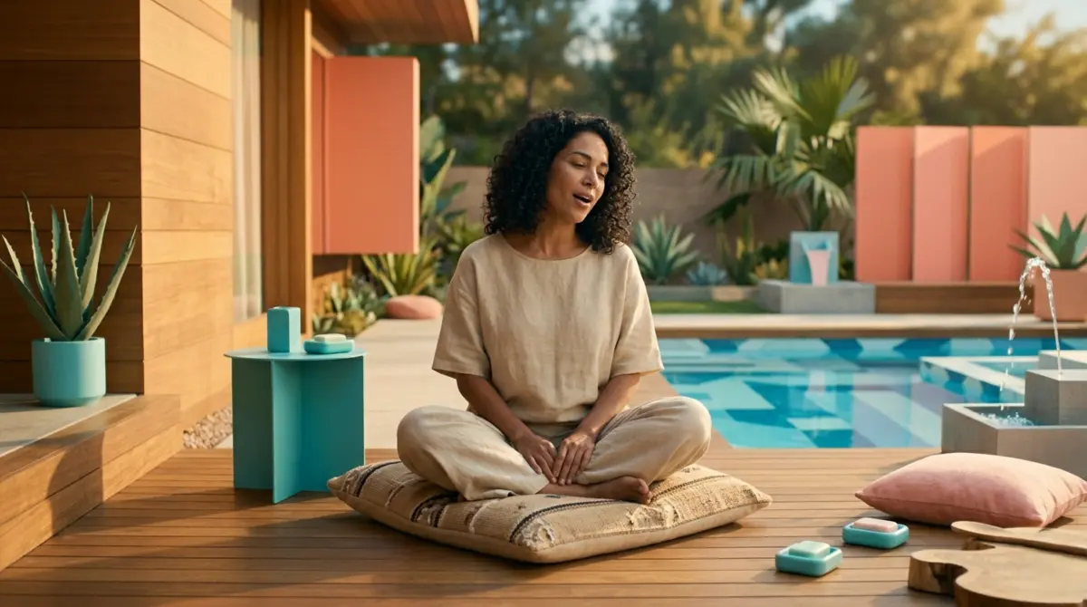 Woman humming or chanting outdoors to stimulate the vagus nerve and activate the throat chakra