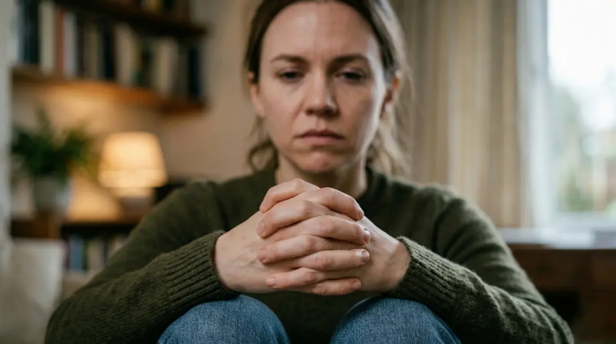 Close-up of a person's tightly clasped hands resting in their lap, with a softly blurred face showing fatigue, representing chronic hyperarousal.