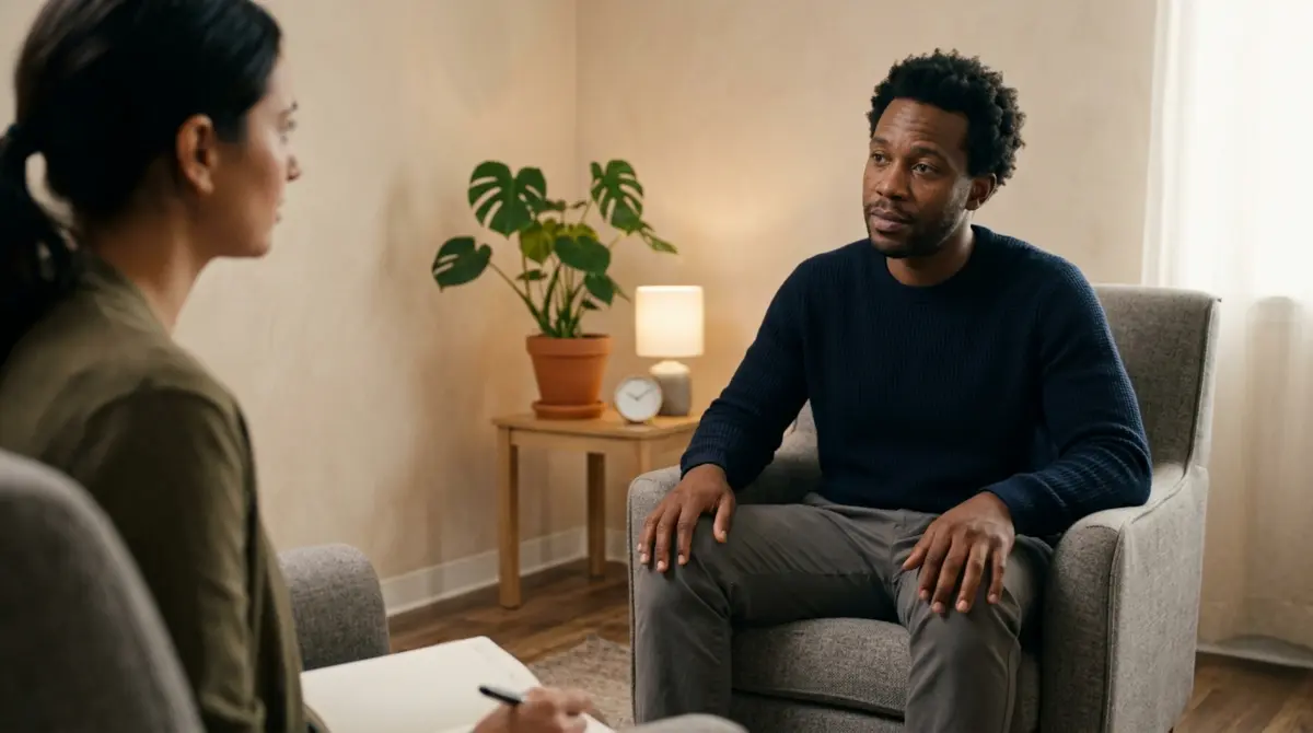 A woman with a ponytail takes notes while a man in a blue sweater listens intently during a session to create a Exit Plan From a Toxic Relationship