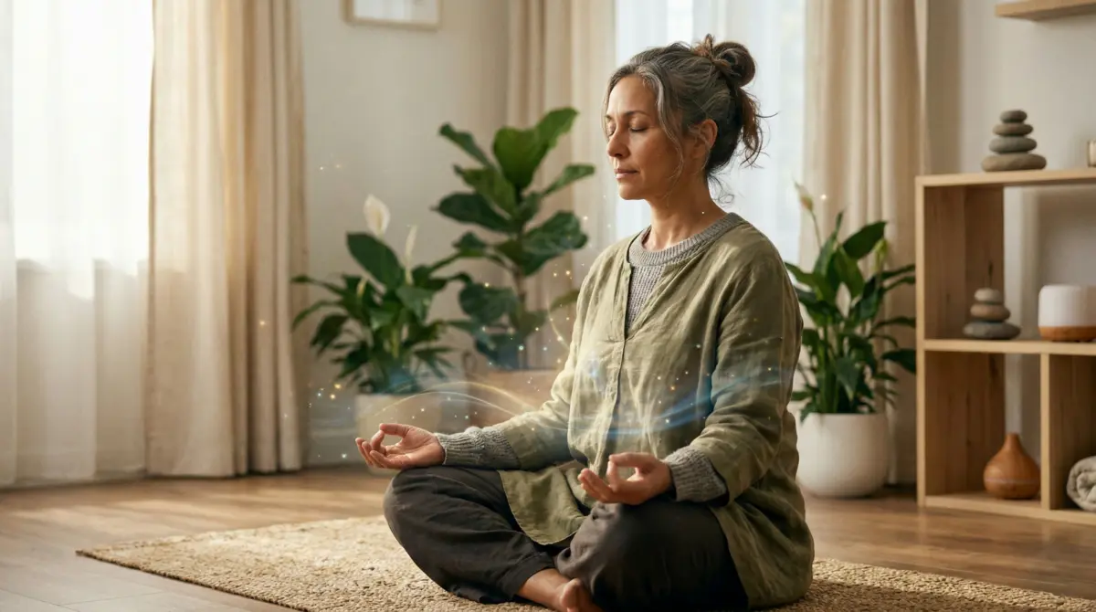 A person sitting in quiet meditation during a quantum healing practice, surrounded by soft natural light.