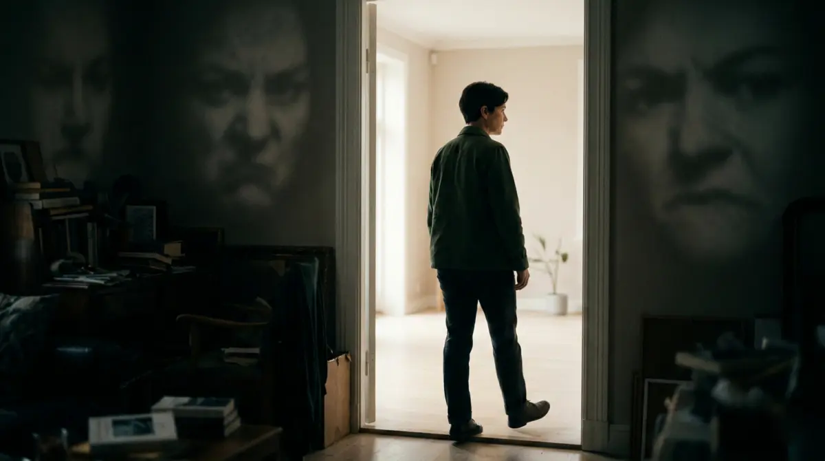 Survivor standing at an open door with light streaming in, leaving behind a dark room filled with blurred, critical words from past abuse.