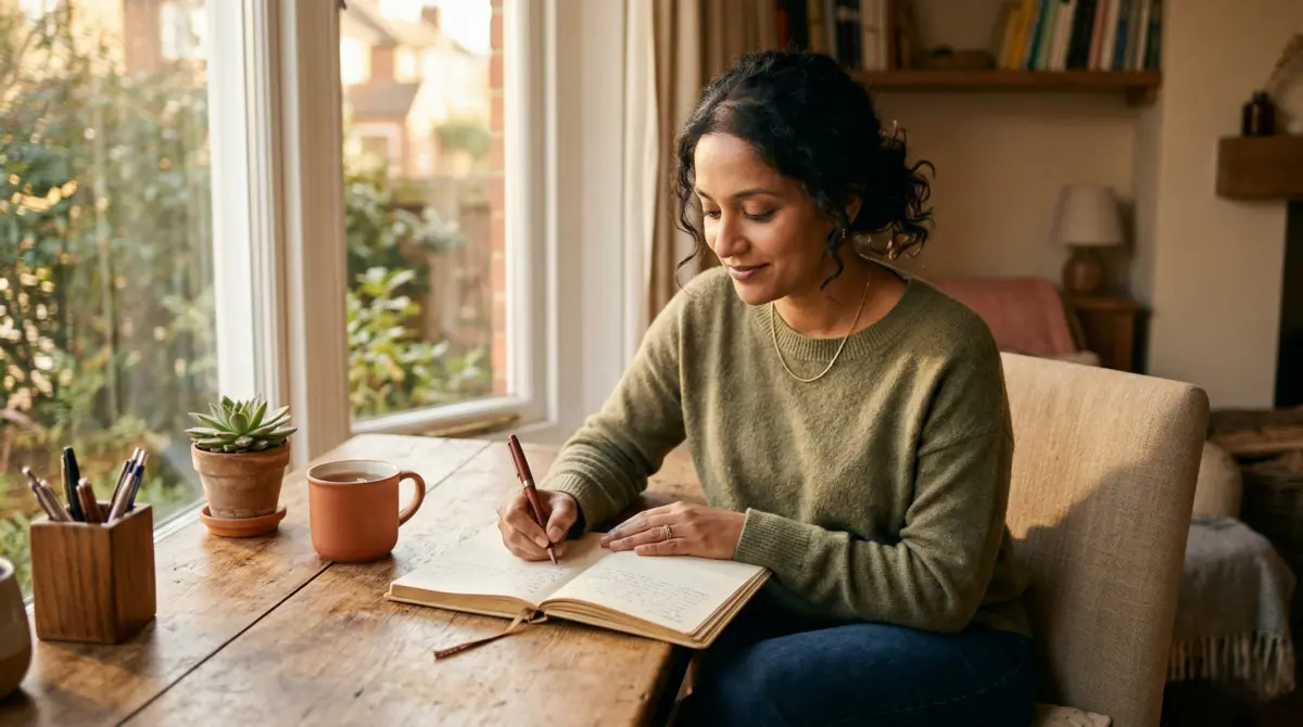 Adult journaling at a calm desk, relaxed and focused, using writing to turn critical thoughts into supportive, grounded inner dialogue.