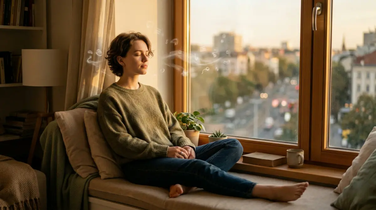 Young person pausing by a window with eyes closed, focusing on the breath while thoughts appear as faint words around their head.