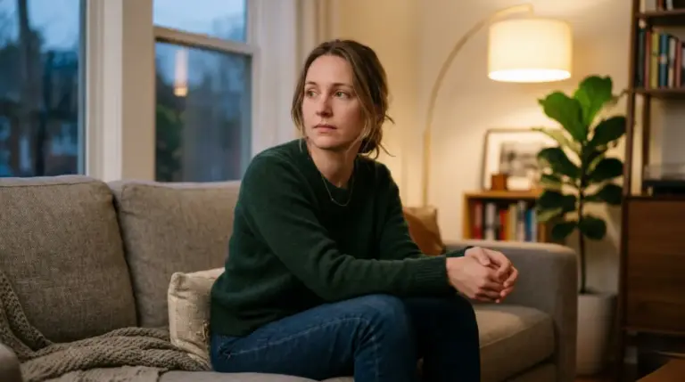Using a Mind identification guide. Woman sitting on a sofa with a distant look, overwhelmed by thoughts about who she is and feeling stuck in her mind.
