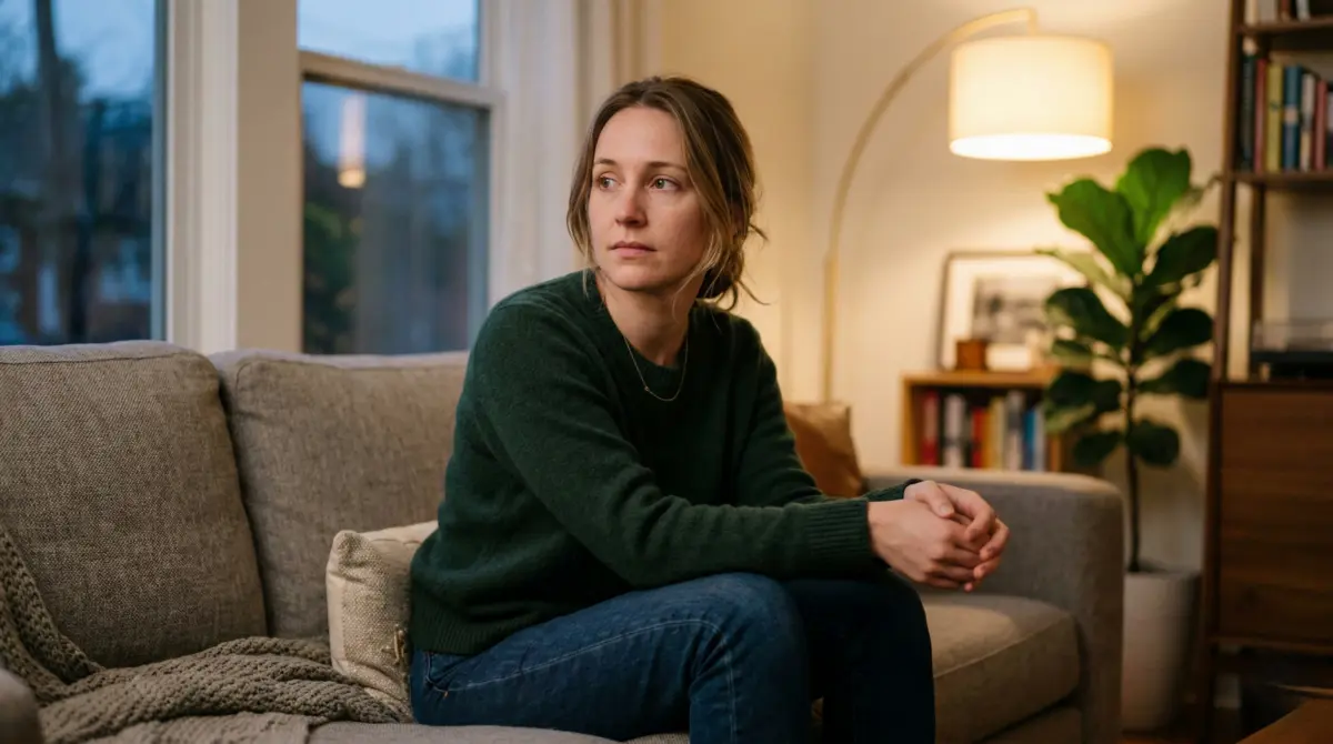 Using a Mind identification guide. Woman sitting on a sofa with a distant look, overwhelmed by thoughts about who she is and feeling stuck in her mind.