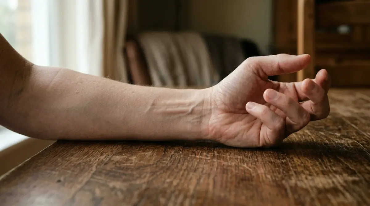 A person's arm and hand resting on a wooden table