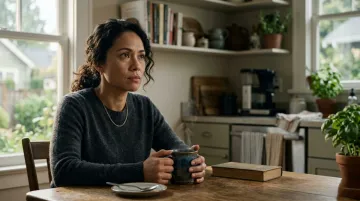 Woman sitting at kitchen table appearing calm but watchful, representing hypervigilance caused by narcissistic abuse SNS dysregulation