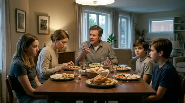 A family of five eats dinner at a wooden table. The father speaks, gesturing, while the mother and children listen