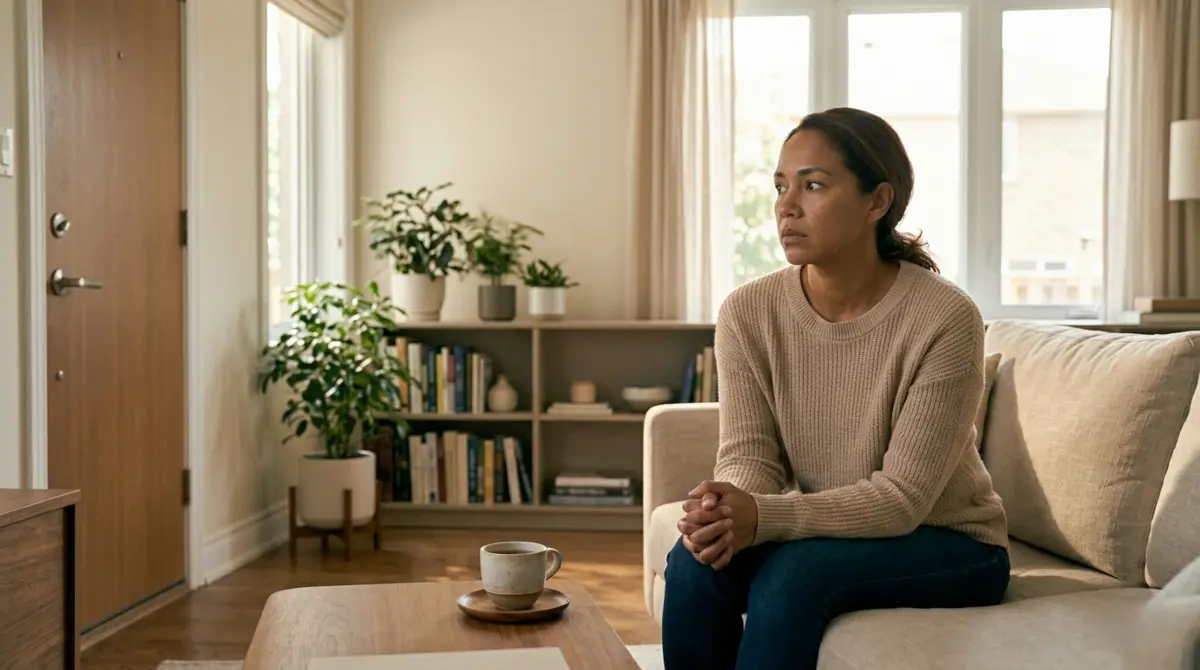 Pensive woman in a beige sweater sits on a sofa in a living room with a coffee cup on the table