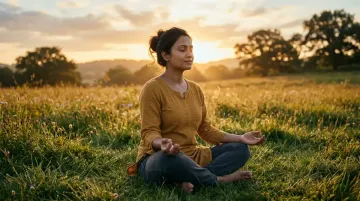 Woman sitting cross-legged on dewy grass at sunrise, eyes closed, hands resting open on knees, expression of deep ease with nervous system regulation techniques