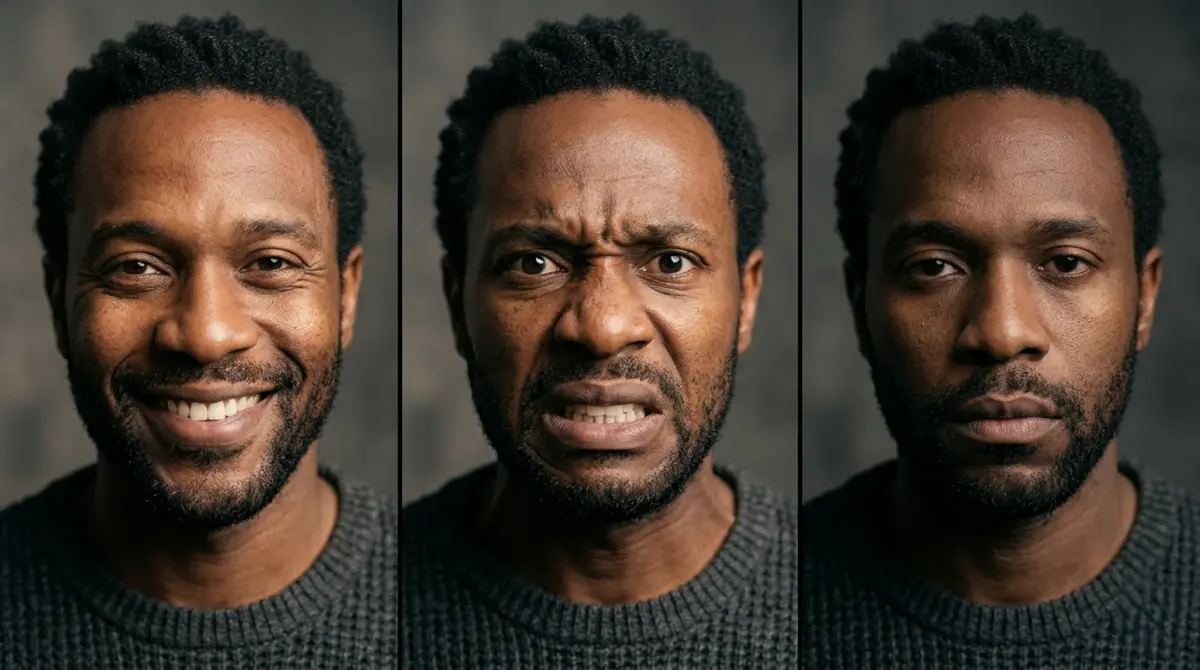 A man with three expressions: smiling, angry/disgusted, and neutral